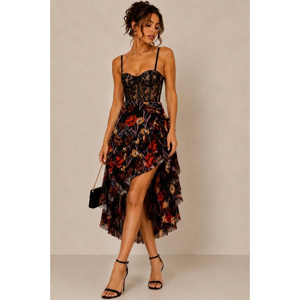 Floral High-Low Corset Dress - Black